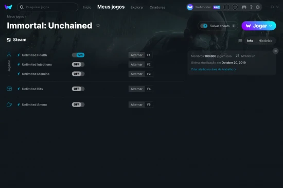 Captura de tela de cheats do Immortal: Unchained