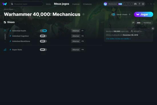 Captura de tela de cheats do Warhammer 40,000: Mechanicus