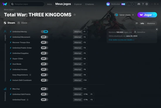Captura de tela de cheats do Total War: THREE KINGDOMS