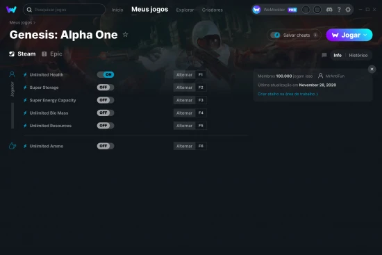 Captura de tela de cheats do Genesis: Alpha One