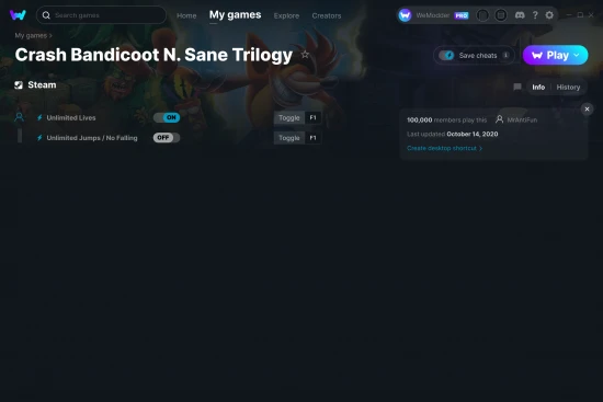 Crash Bandicoot N. Sane Trilogy cheats screenshot