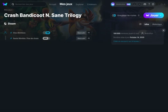 Capture d'écran de triches de Crash Bandicoot N. Sane Trilogy