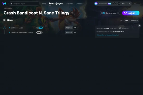 Captura de tela de cheats do Crash Bandicoot N. Sane Trilogy