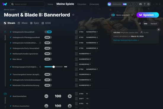Mount & Blade II: Bannerlord Cheats Screenshot