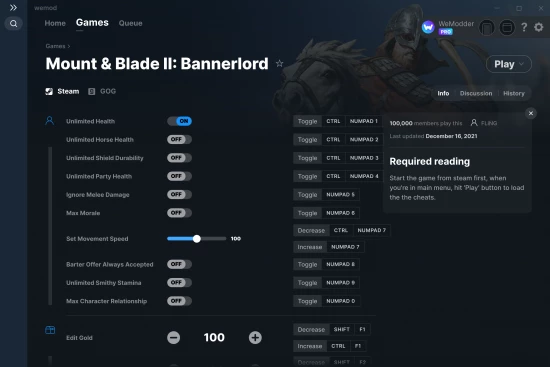 Mount & Blade II: Bannerlord cheats screenshot