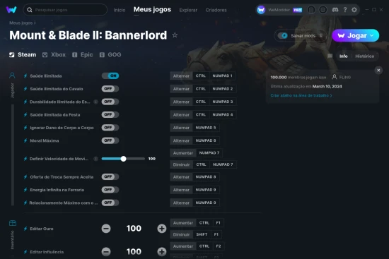 Captura de tela de cheats do Mount & Blade II: Bannerlord