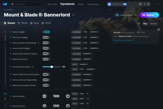Mount & Blade II: Bannerlord hilelerin ekran görüntüsü