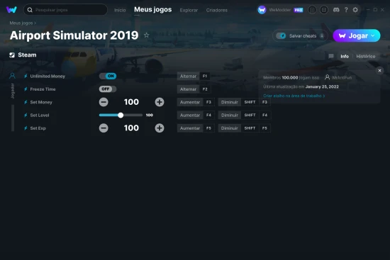 Captura de tela de cheats do Airport Simulator 2019
