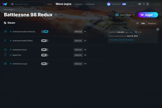 Captura de tela de cheats do Battlezone 98 Redux