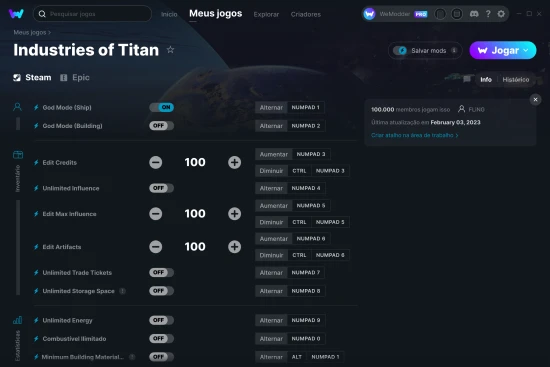 Captura de tela de cheats do Industries of Titan