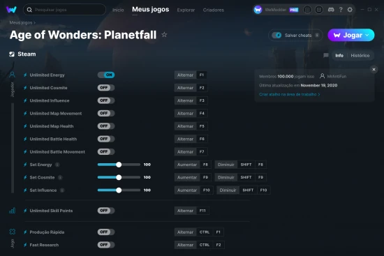 Captura de tela de cheats do Age of Wonders: Planetfall