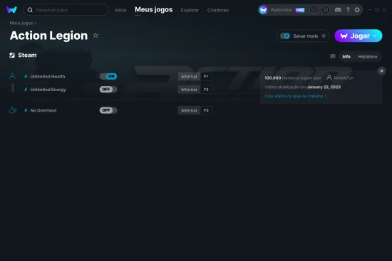 Captura de tela de cheats do Action Legion
