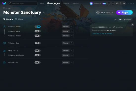 Captura de tela de cheats do Monster Sanctuary