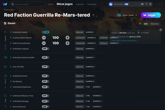 Captura de tela de cheats do Red Faction Guerrilla Re-Mars-tered