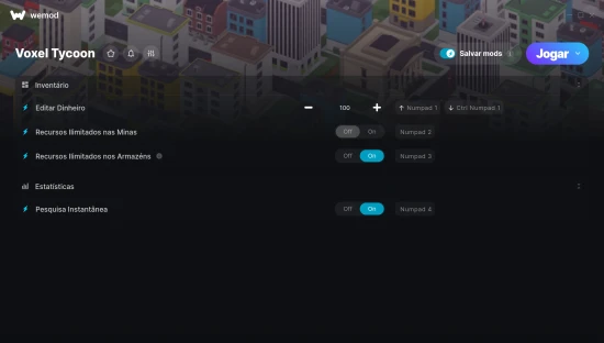 Captura de tela de cheats do Voxel Tycoon