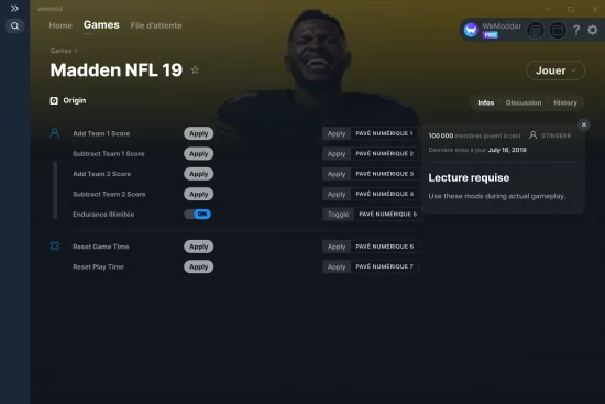 Capture d'écran de triches de Madden NFL 19