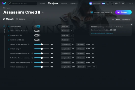 Capture d'écran de triches de Assassin's Creed II