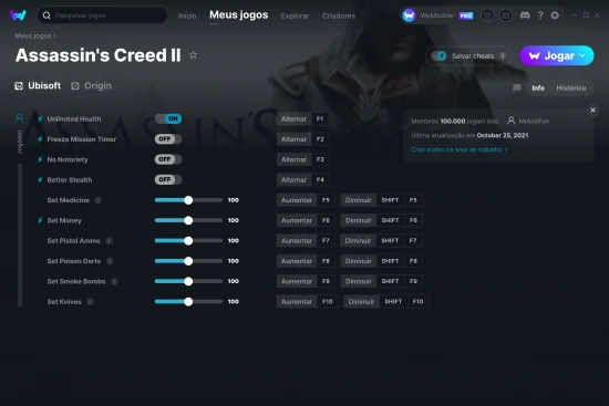 Captura de tela de cheats do Assassin's Creed II