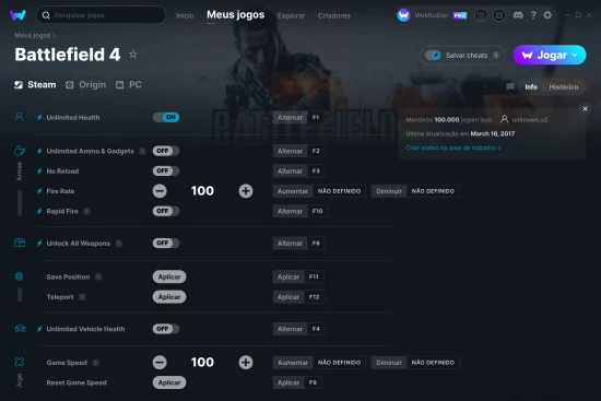 Captura de tela de cheats do Battlefield 4