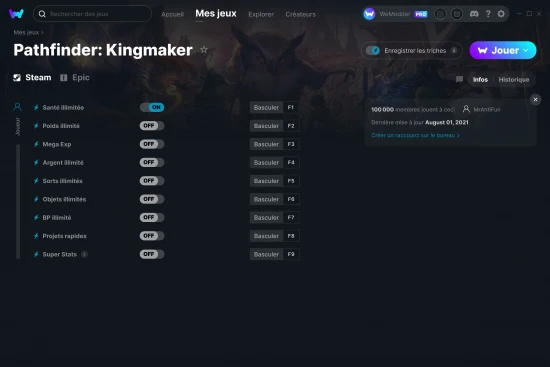 Capture d'écran de triches de Pathfinder: Kingmaker