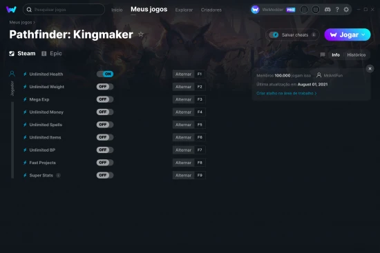 Captura de tela de cheats do Pathfinder: Kingmaker