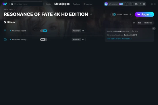 Captura de tela de cheats do RESONANCE OF FATE 4K HD EDITION