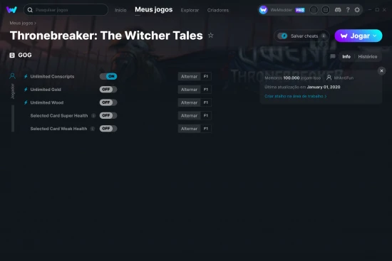 Captura de tela de cheats do Thronebreaker: The Witcher Tales