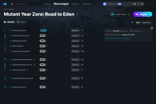 Captura de tela de cheats do Mutant Year Zero: Road to Eden