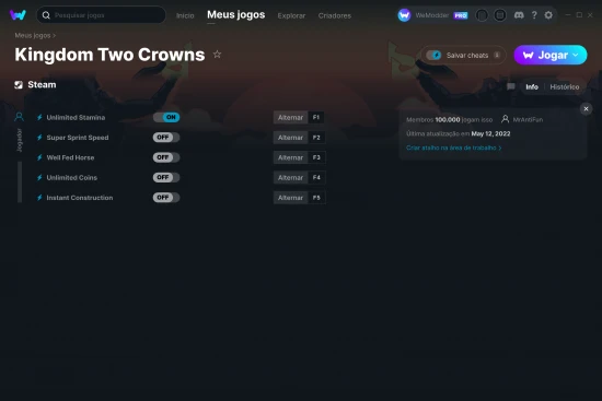 Captura de tela de cheats do Kingdom Two Crowns