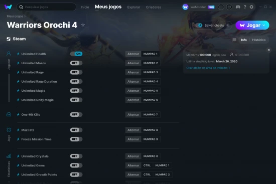 Captura de tela de cheats do Warriors Orochi 4