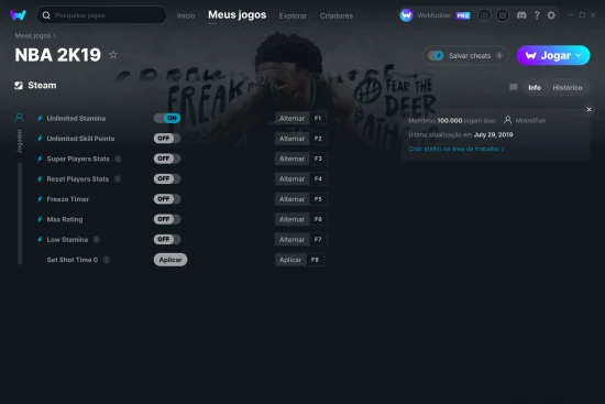 Captura de tela de cheats do NBA 2K19