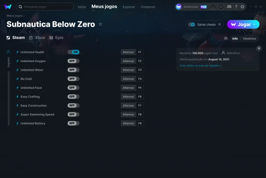 Captura de tela de cheats do Subnautica Below Zero