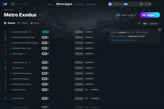 Captura de tela de cheats do Metro Exodus