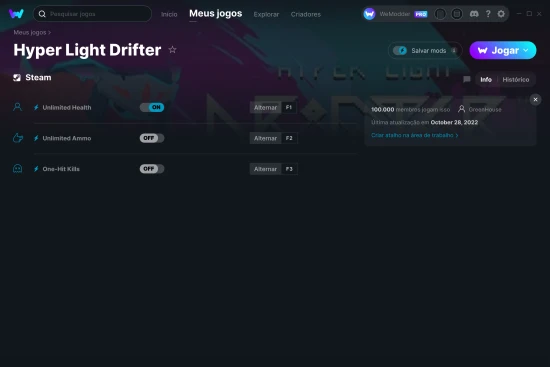 Captura de tela de cheats do Hyper Light Drifter