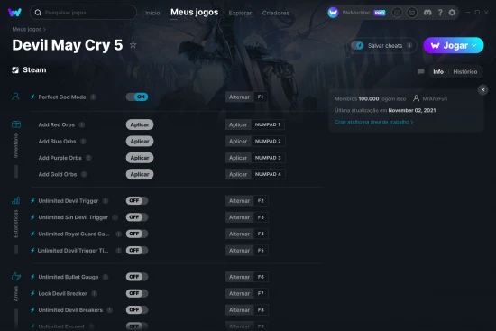Captura de tela de cheats do Devil May Cry 5