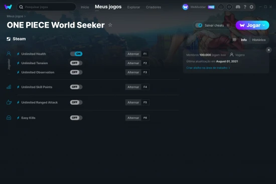 Captura de tela de cheats do ONE PIECE World Seeker