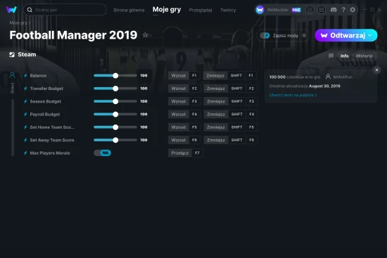 cheaty Football Manager 2019 zrzut ekranu