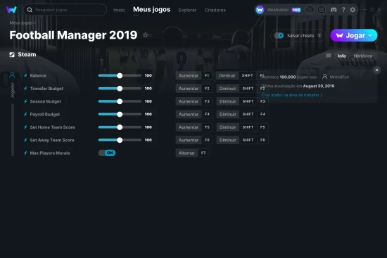 Captura de tela de cheats do Football Manager 2019