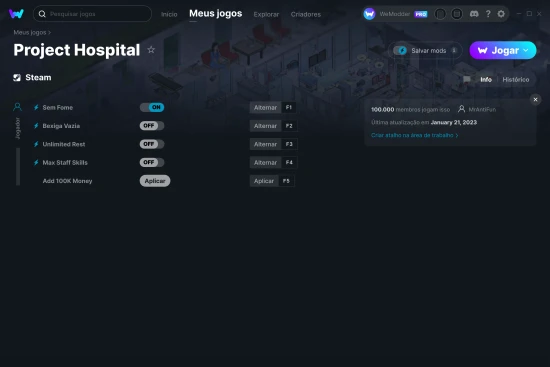 Captura de tela de cheats do Project Hospital
