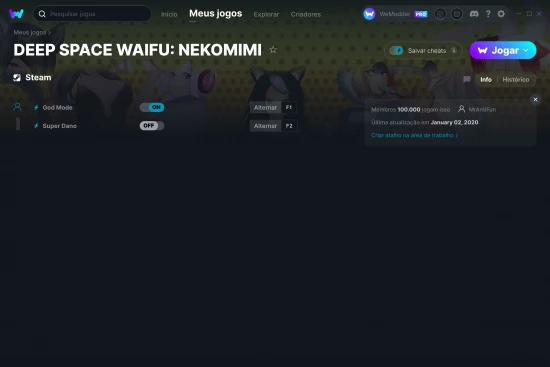 Captura de tela de cheats do DEEP SPACE WAIFU: NEKOMIMI