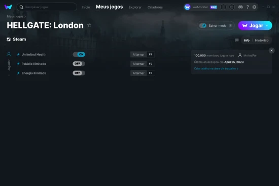 Captura de tela de cheats do HELLGATE: London