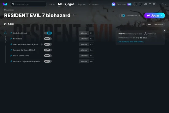 Captura de tela de cheats do RESIDENT EVIL 7 biohazard