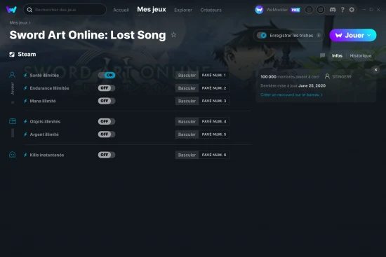 Capture d'écran de triches de Sword Art Online: Lost Song