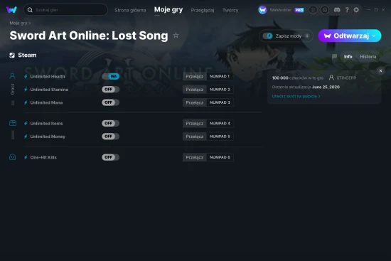 cheaty Sword Art Online: Lost Song zrzut ekranu