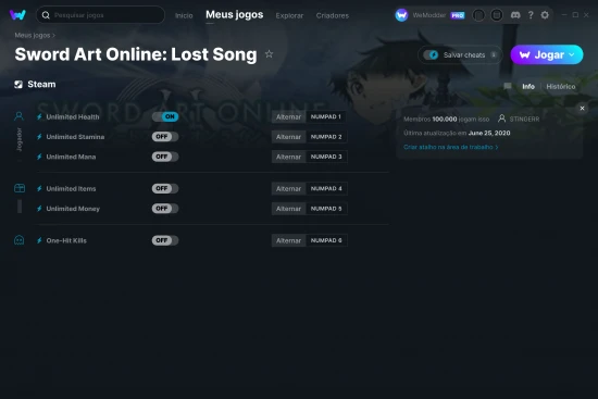 Captura de tela de cheats do Sword Art Online: Lost Song