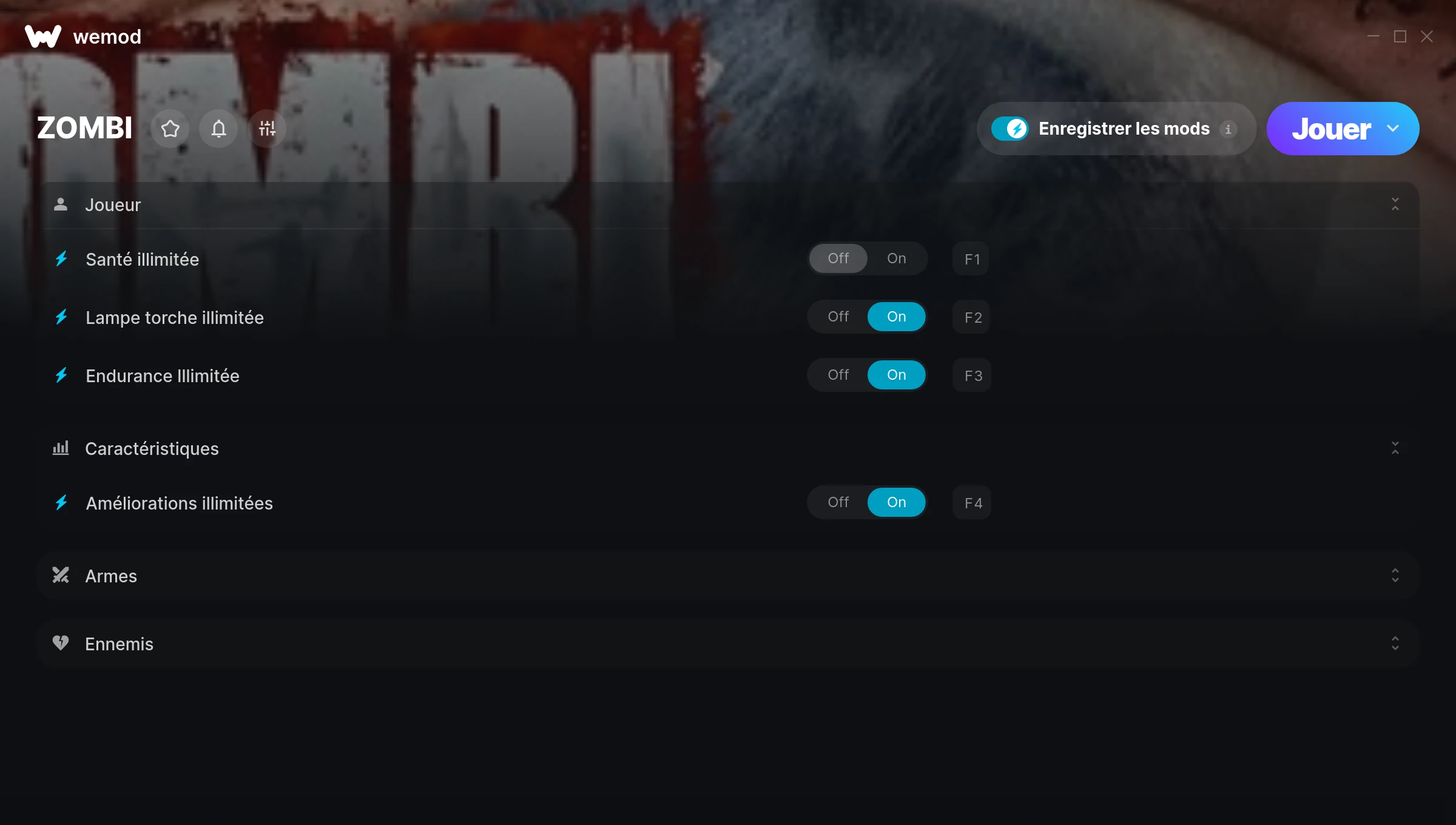 Capture d’écran des cheats pour ZOMBI