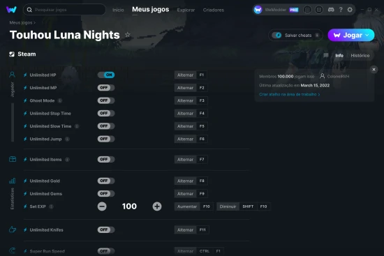 Captura de tela de cheats do Touhou Luna Nights