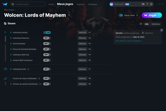 Captura de tela de cheats do Wolcen: Lords of Mayhem