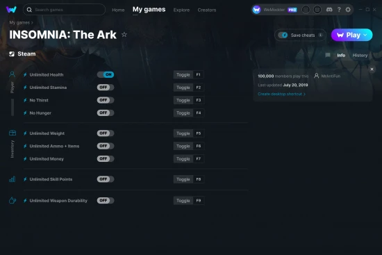 INSOMNIA: The Ark cheats screenshot