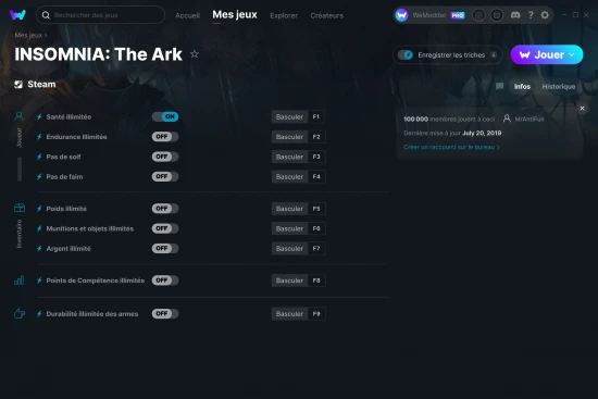Capture d'écran de triches de INSOMNIA: The Ark